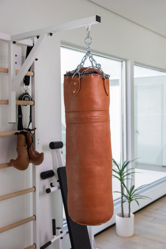 BenchK genuine leather punching bag hanging from a BenchK wall bar