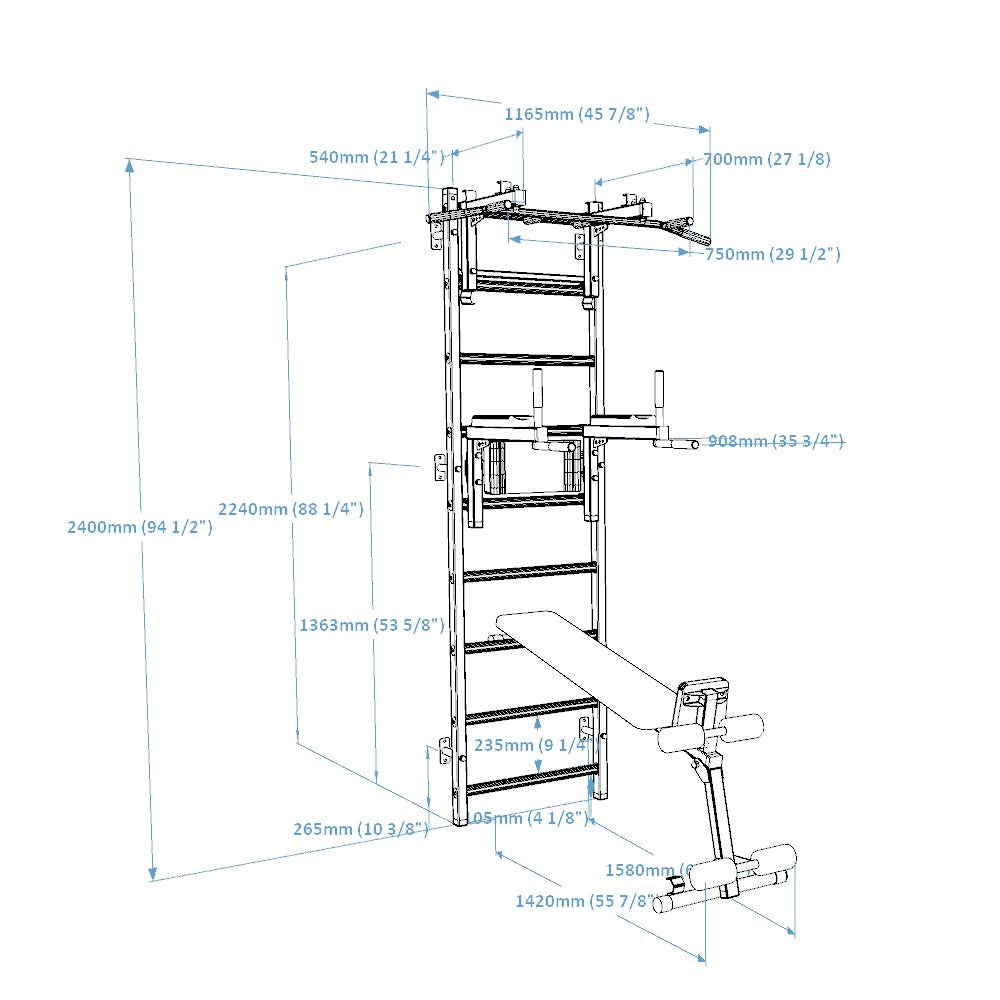 The 733B — pull-up bar, dip station, and bench on one wall.