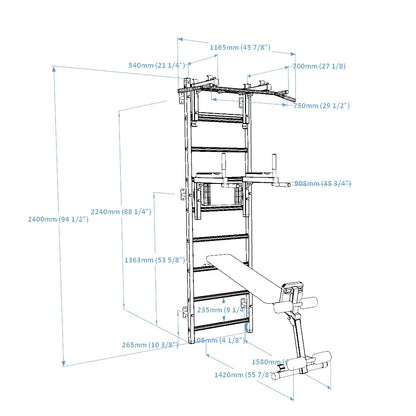 The 733B — pull-up bar, dip station, and bench on one wall.