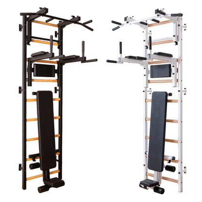The 733B — pull-up bar, dip station, and bench on one wall.