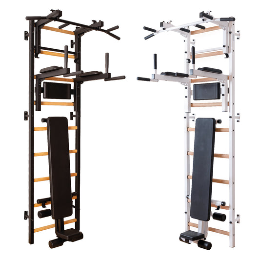 The 733B — pull-up bar, dip station, and bench on one wall.