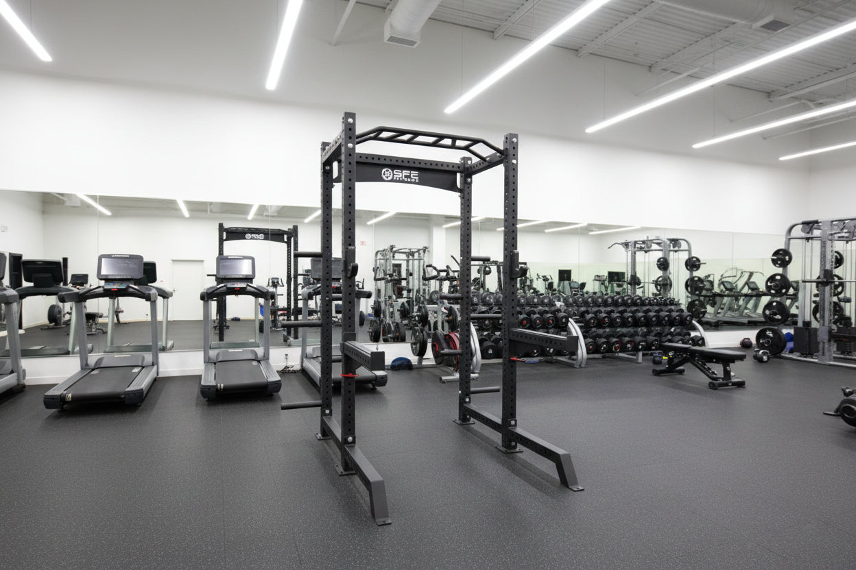 SFE Commercial Squat Rack w/ Safety Bars, J-Hooks & Weight Storage (New)