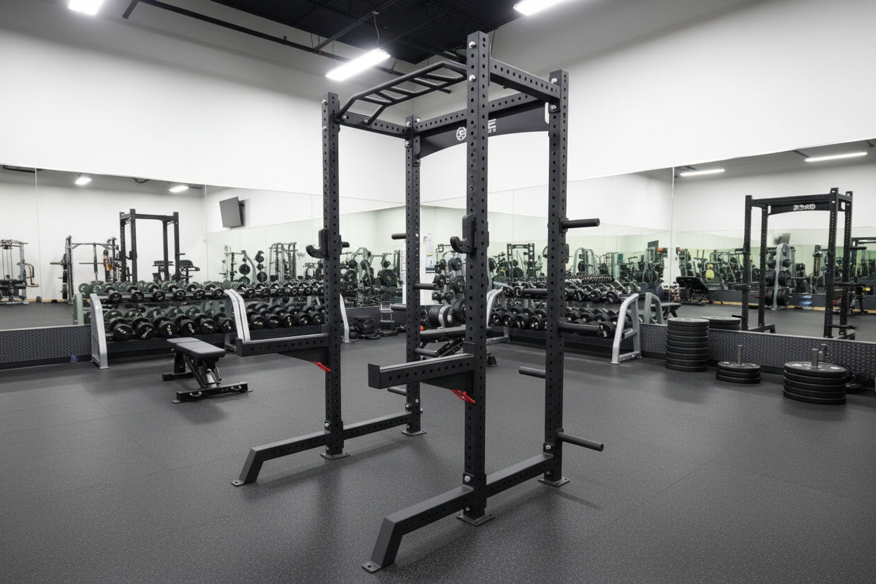 SFE Commercial Squat Rack w/ Safety Bars, J-Hooks & Weight Storage (New)