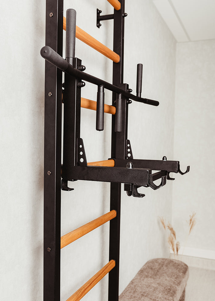The 733B — pull-up bar, dip station, and bench on one wall.