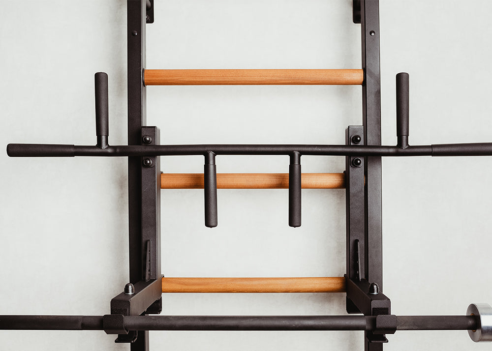The 733B — pull-up bar, dip station, and bench on one wall.