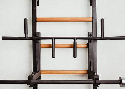 The 733B — pull-up bar, dip station, and bench on one wall.