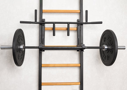 The 733B — pull-up bar, dip station, and bench on one wall.