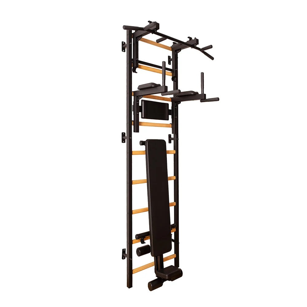 The 733B — pull-up bar, dip station, and bench on one wall.