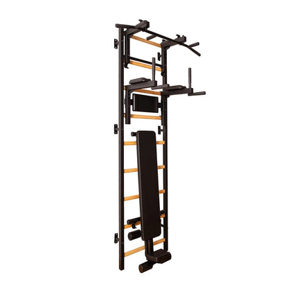 The 733B — pull-up bar, dip station, and bench on one wall.