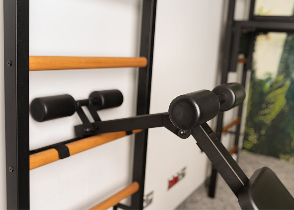 The 733B — pull-up bar, dip station, and bench on one wall.