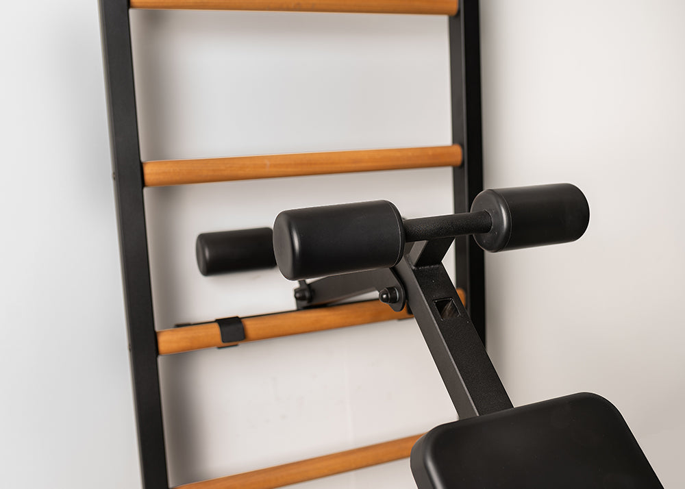 The 733B — pull-up bar, dip station, and bench on one wall.