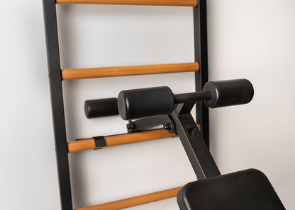 The 733B — pull-up bar, dip station, and bench on one wall.